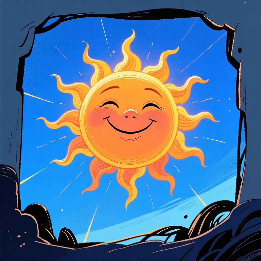 A bright, smiling sun that is always present in the sky, representing the concept of 'always'.