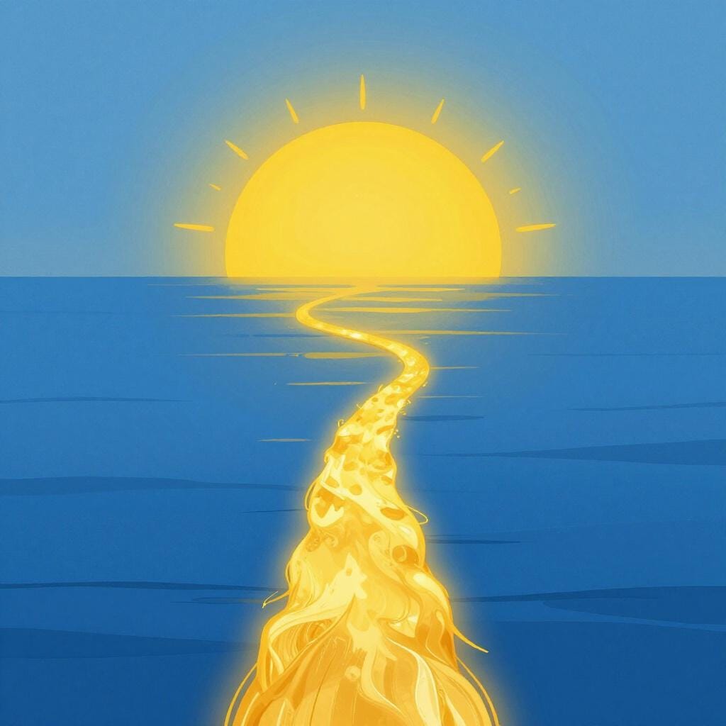 A single golden path leading toward a bright rising sun over a calm horizon.