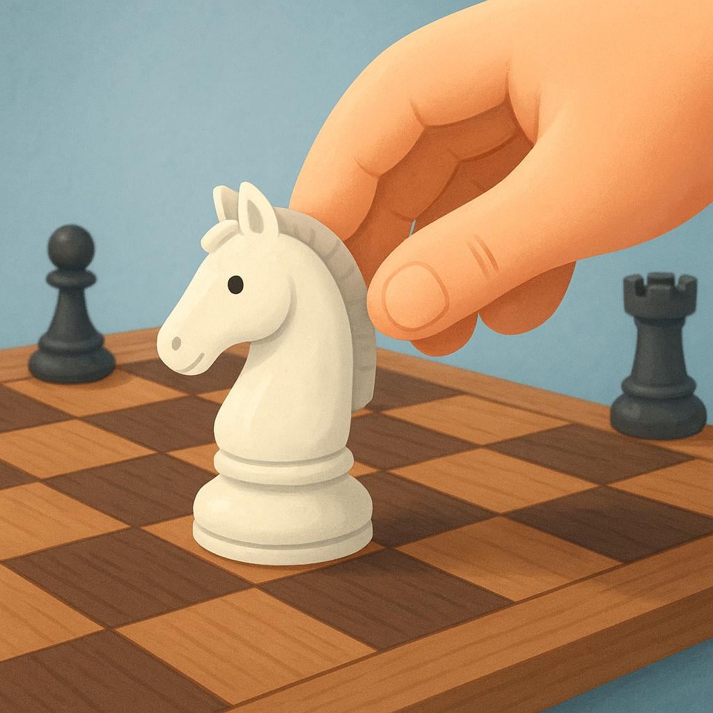 A close-up of a wooden chessboard where a friendly cartoon hand is gently lifting a white knight chess piece off its square, symbolizing a move.