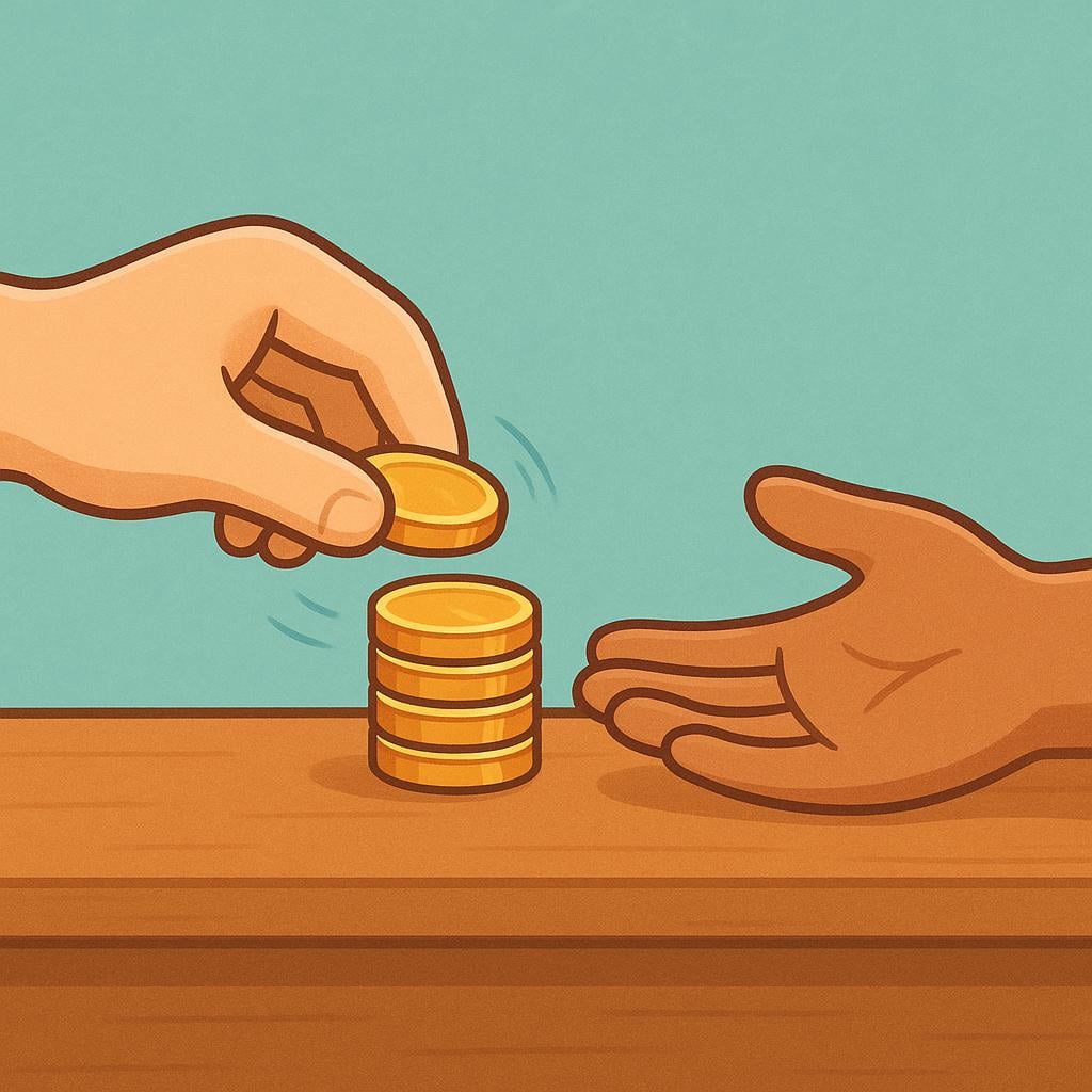 Two hands exchanging a small pile of gold coins across a counter, representing a deposit.
