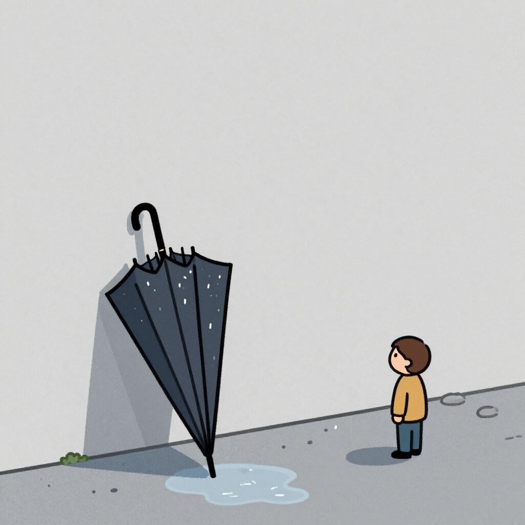 A person looking at a closed umbrella with water droplets on it, suggesting it was recently used.