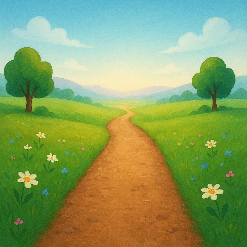 A winding path extending into a bright, colorful, distant horizon, representing the future.