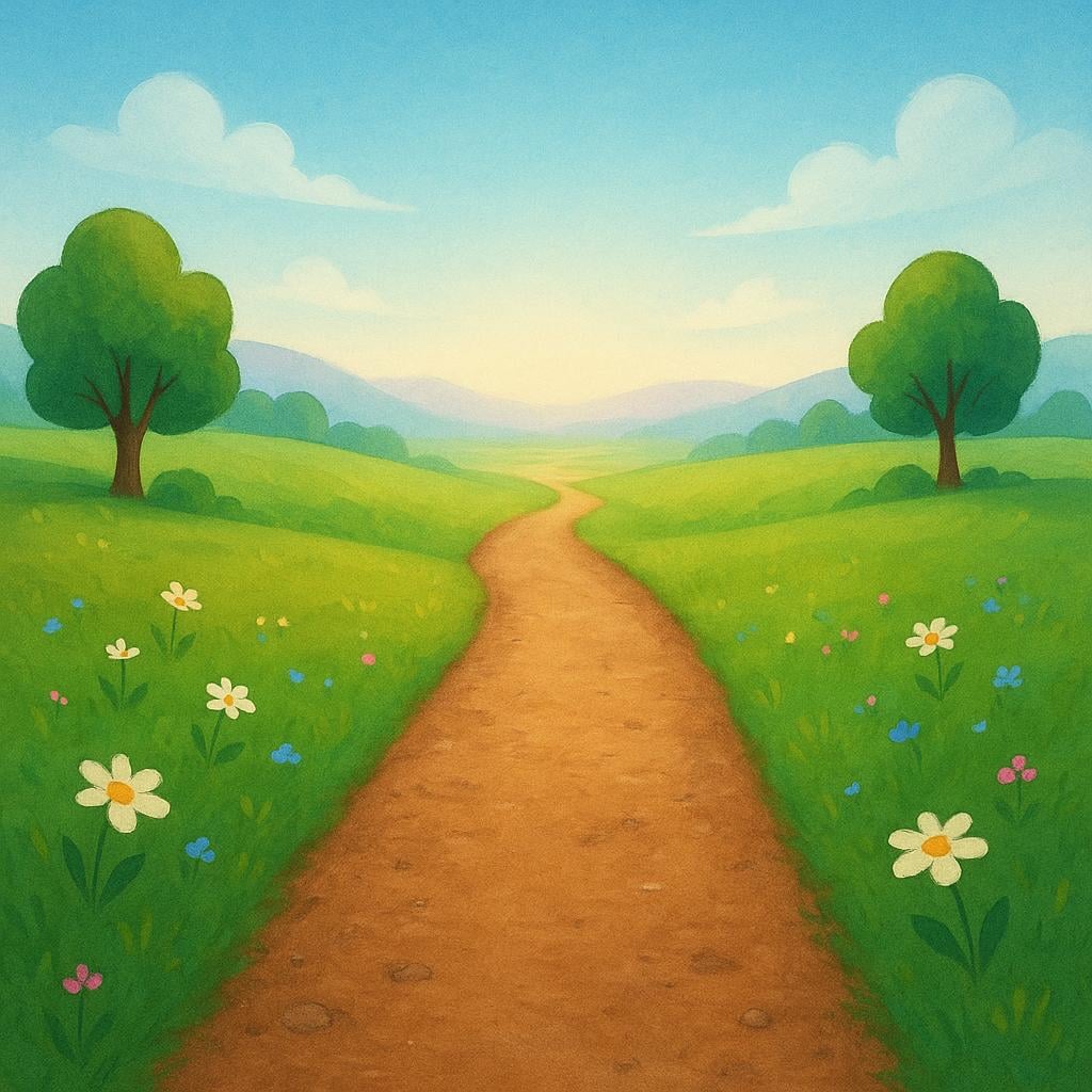 A winding path extending into a bright, colorful, distant horizon, representing the future.