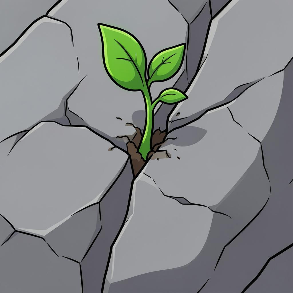 A small green sprout growing through a crack in a heavy stone.