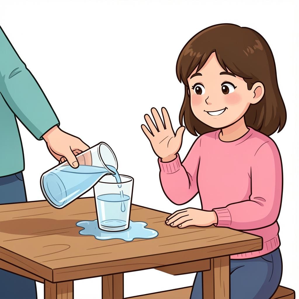 A friendly person smiling and waving off a small spill on a table while another person looks apologetic.