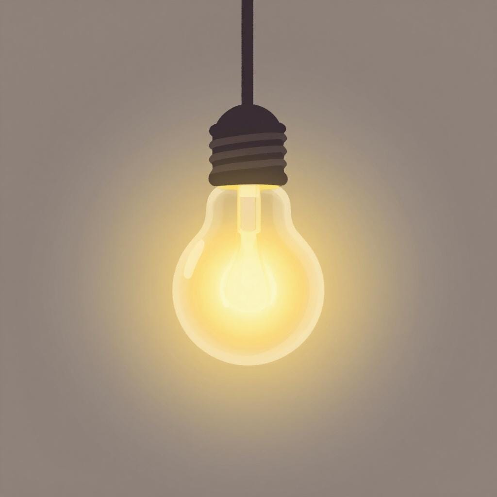 A glowing lightbulb hanging from a ceiling in a cozy room.