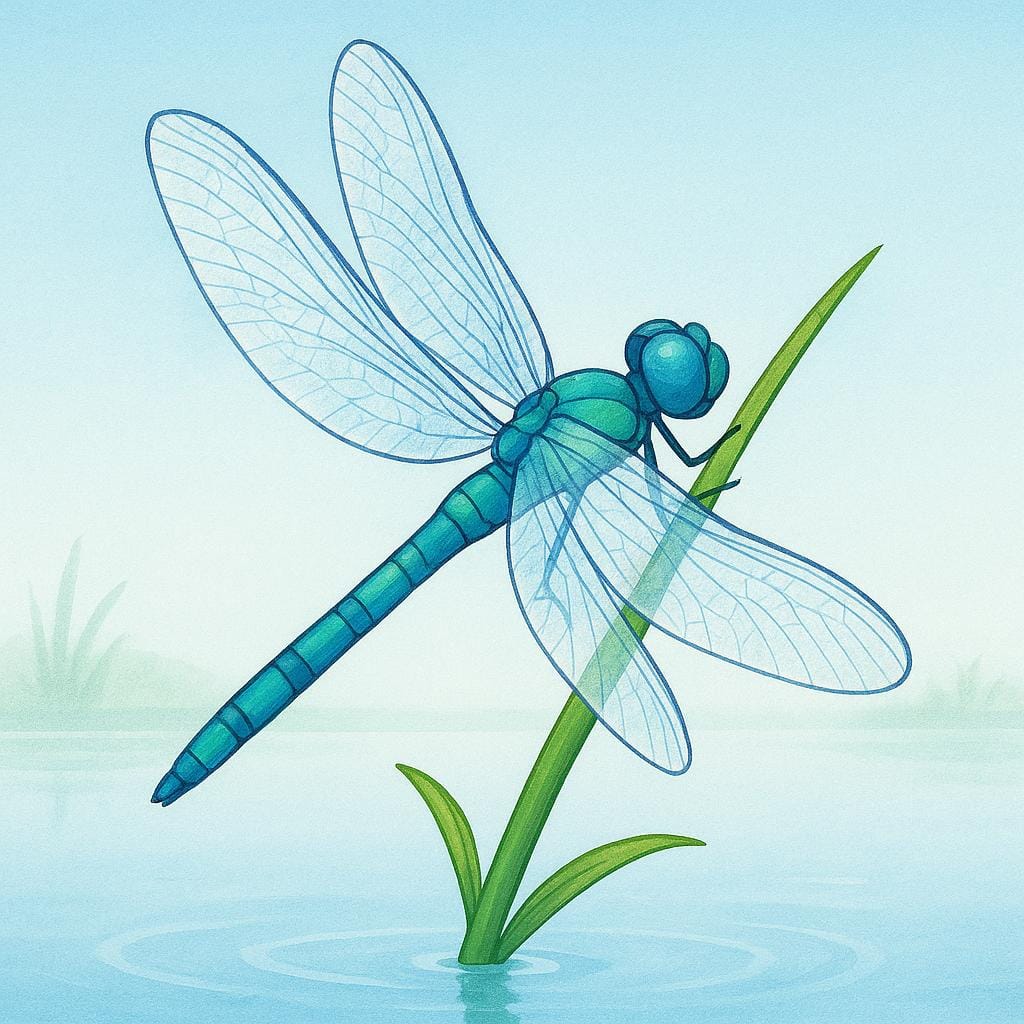 Een grote, kleurrijke libelle met transparante vleugels rustend op de punt van een groene lisdodde.