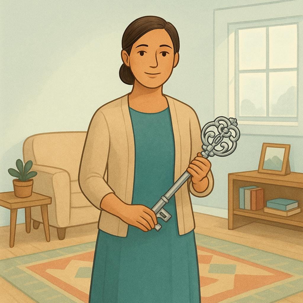 Een hoogwaardige stripboekillustratie van een vrouw die zelfverzekerd in het midden van een eenvoudige, nette woonkamer staat, met een grote, sierlijke sleutel in haar hand.