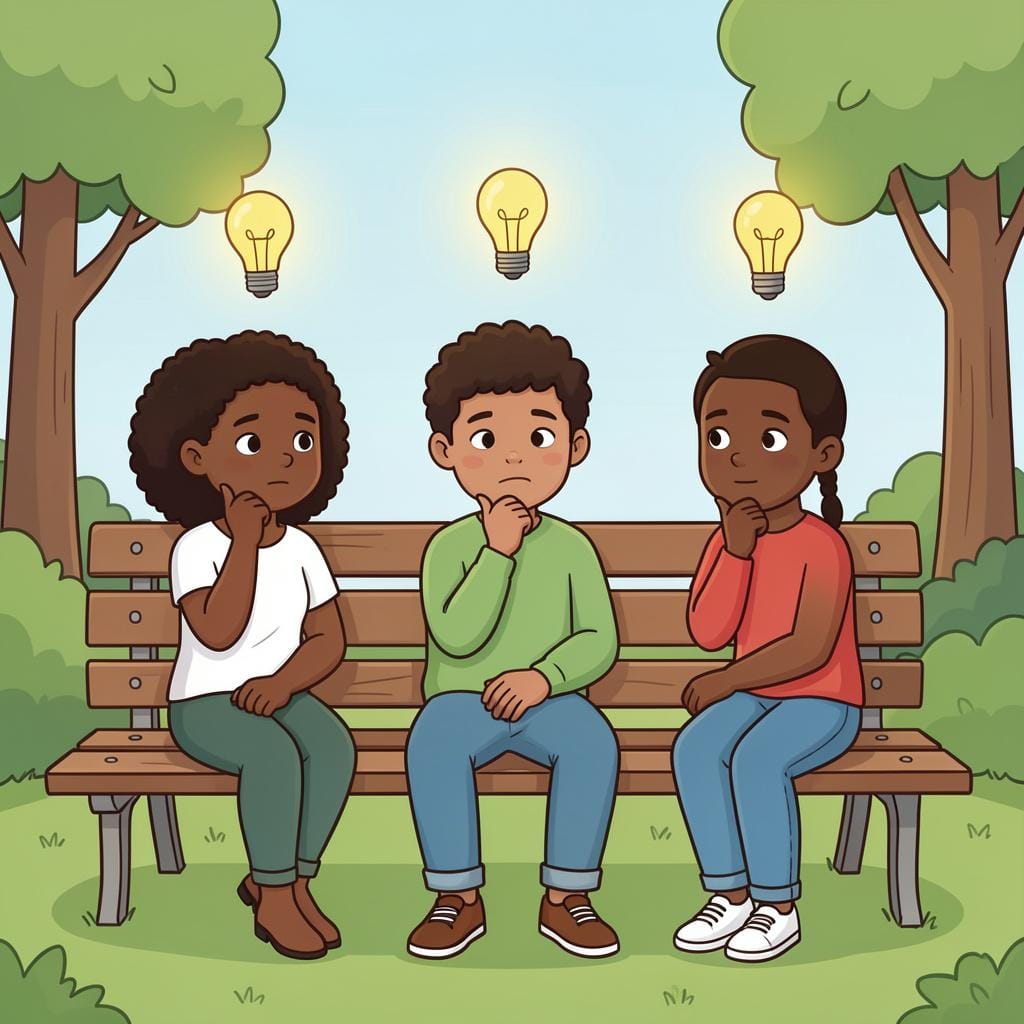 A group of friends sitting together with thoughtful expressions, looking upwards with small glowing light bulbs above their heads to symbolize shared ideas.