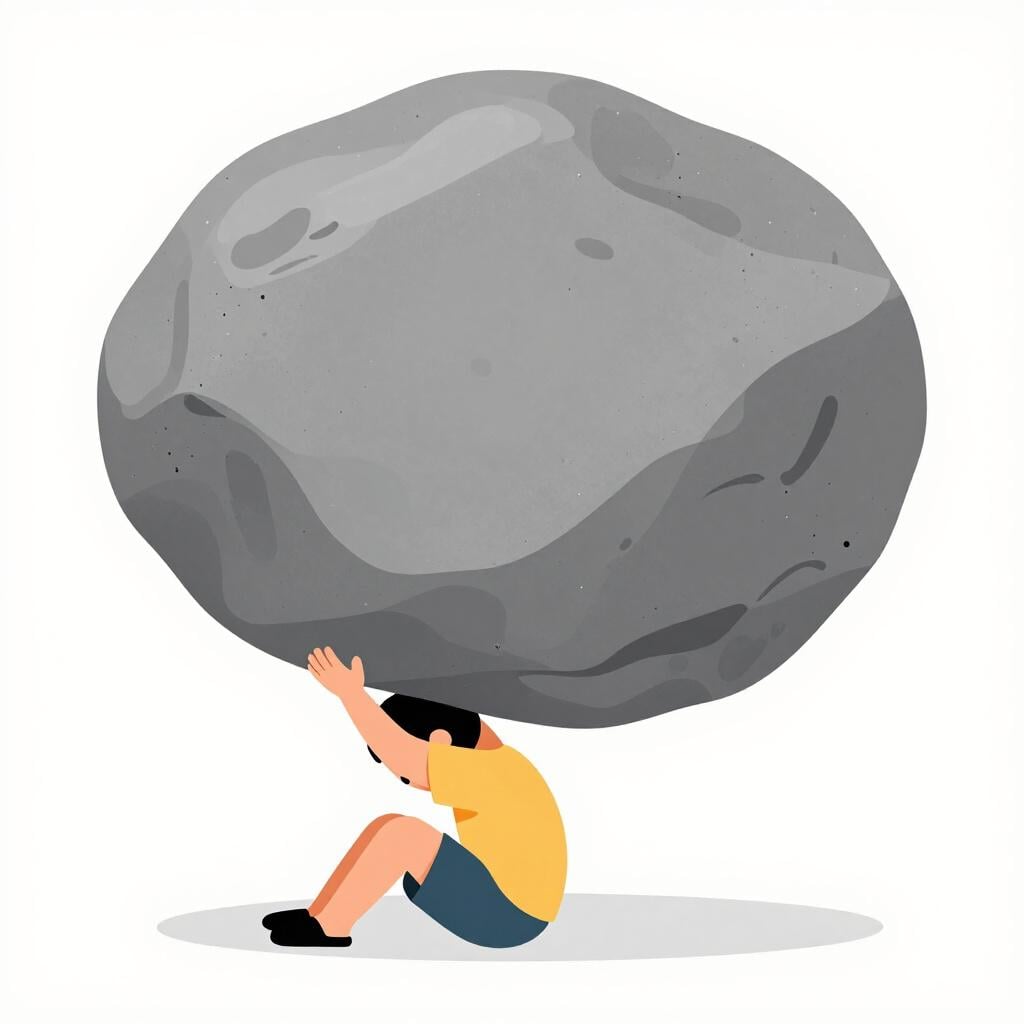 地面に座っている小さなキャラクターの肩に、大きくて重い灰色の岩が乗っている様子。