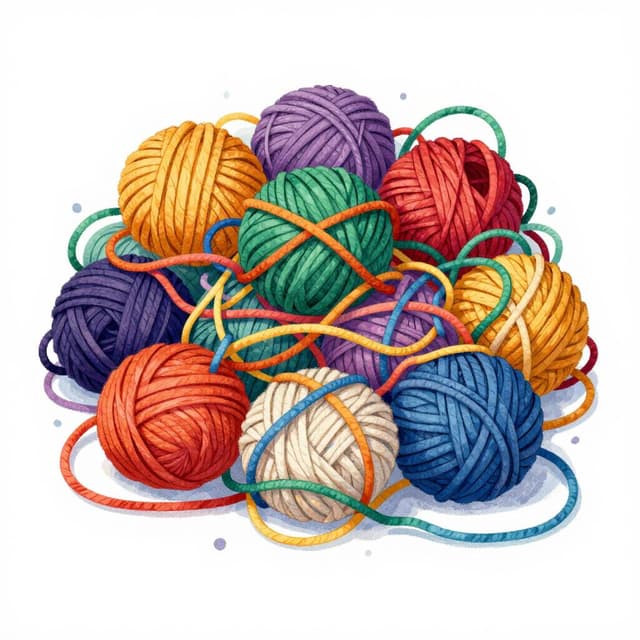 A colorful pile of tangled yarn and string in various knots.