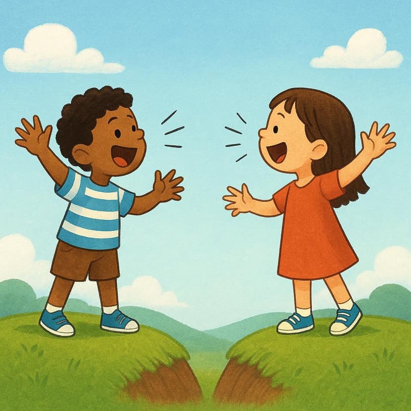 Two cheerful children standing on separate small hills, waving their arms enthusiastically toward each other and shouting across the distance.