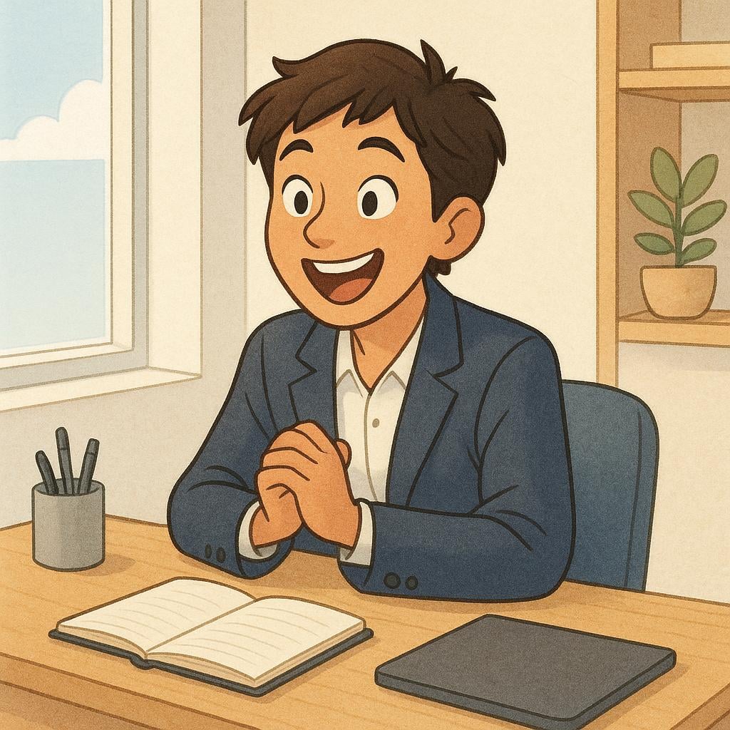 A young adult wearing a business suit sitting eagerly at a small, tidy desk in an office, indicating a starting position or entry-level role.