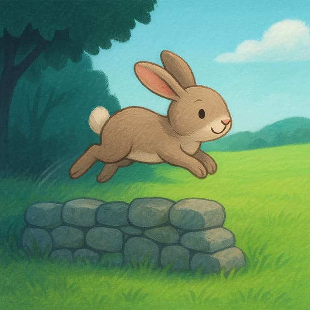 Un petit lapin est représenté en plein saut, franchissant avec succès un muret de pierres basses, passant d'une zone confinée vers un champ vert lumineux et ouvert, symbolisant l'évasion.