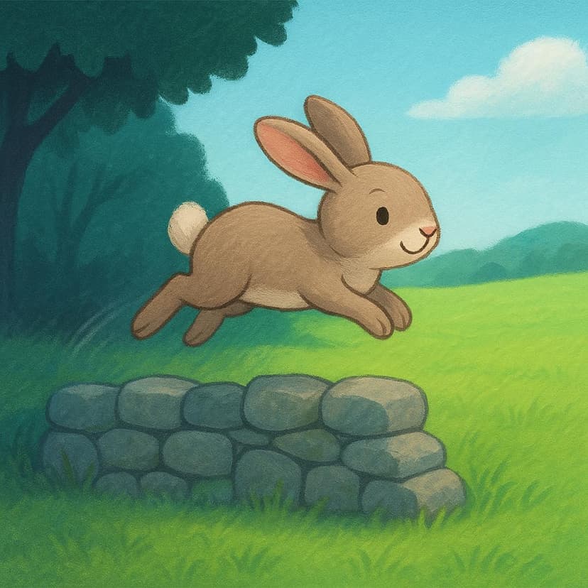 A small rabbit is depicted mid-jump, successfully clearing a low stone wall, moving from a confined area towards a bright, open green field, symbolizing escape.