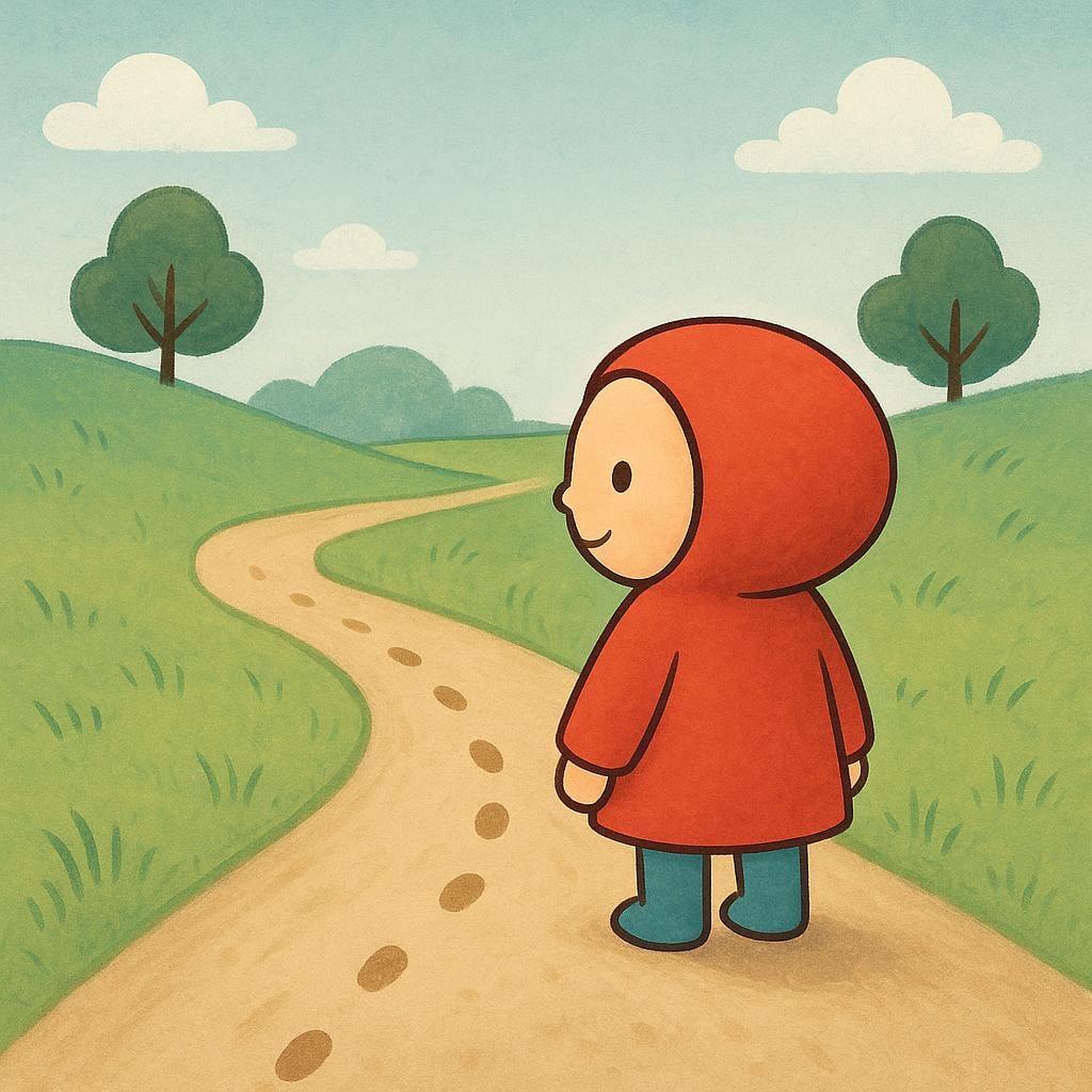 A simple storybook character stands confidently on a path. Behind the character, the path clearly splits into two distinct options, illustrating that a choice has been made.