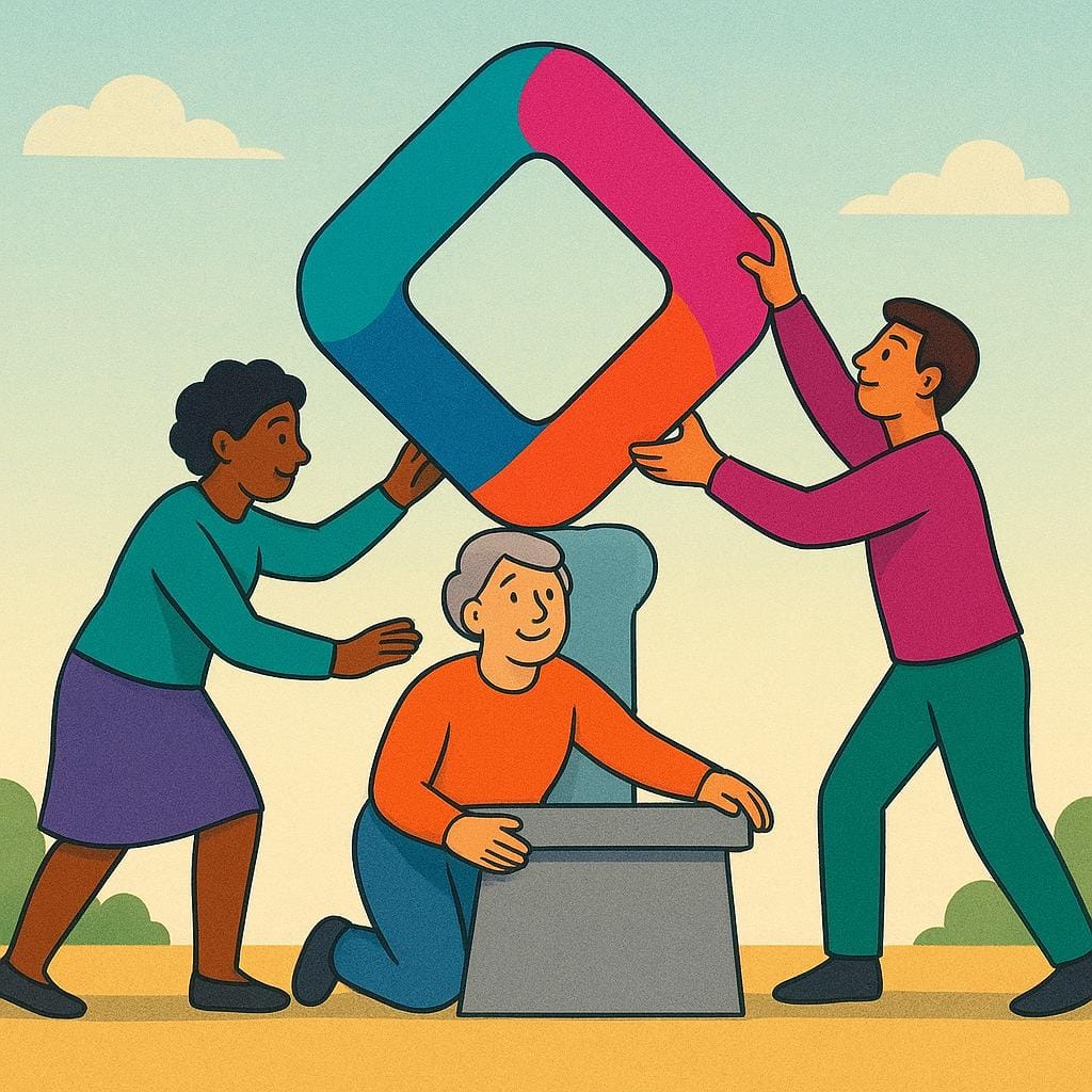 Een kinderboekillustratie met drie figuren die gezamenlijk een groot, geometrisch, felgekleurd object op een sokkel tillen, wat de succesvolle aanvaarding en implementatie van een nieuw idee of maatregel voorstelt.