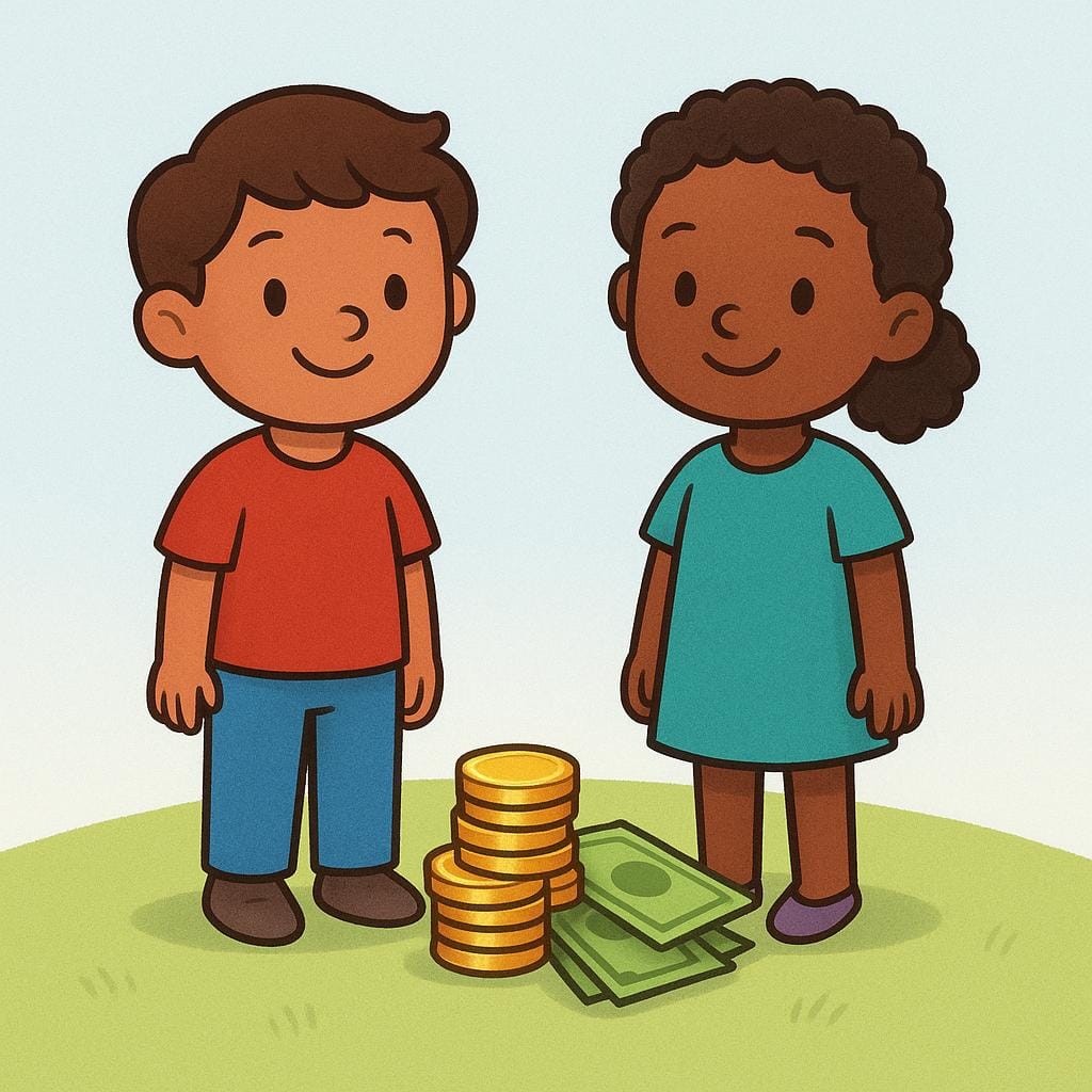 Dois personagens alegres ao lado de uma pequena pilha de moedas de ouro e notas verdes, ilustrando a obtenção de dinheiro.