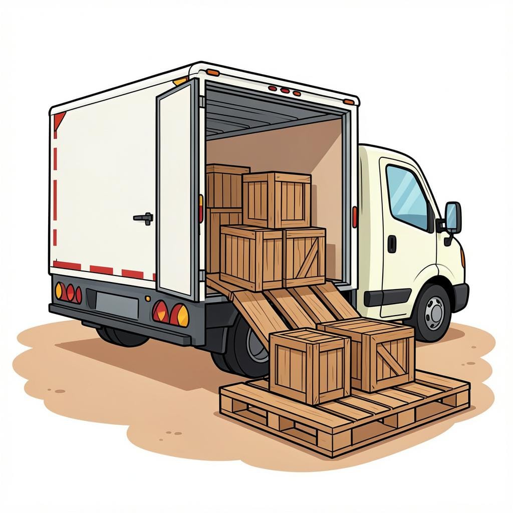 A worker moving large wooden boxes off the back of a truck onto the ground.
