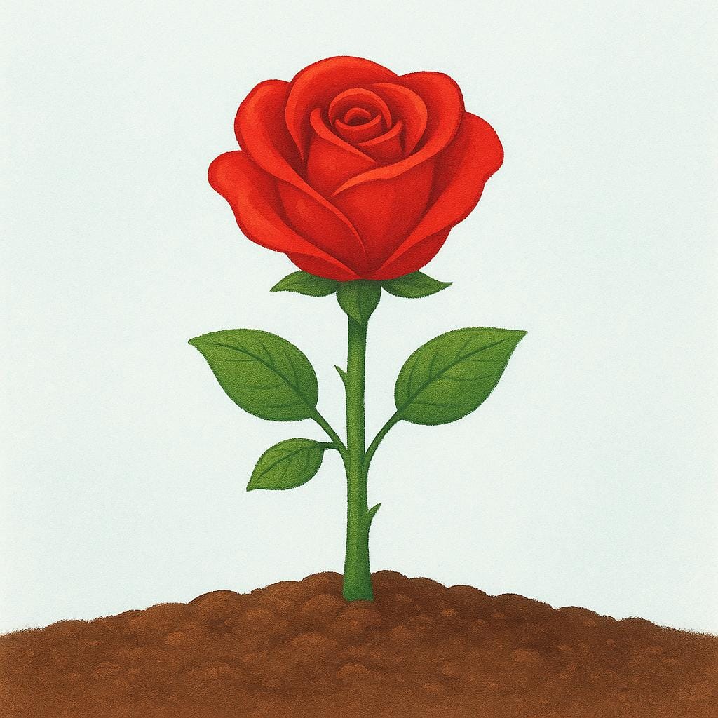 A single, vibrant red rose perfectly blooming on a green stem in rich brown soil, symbolizing a successful result.
