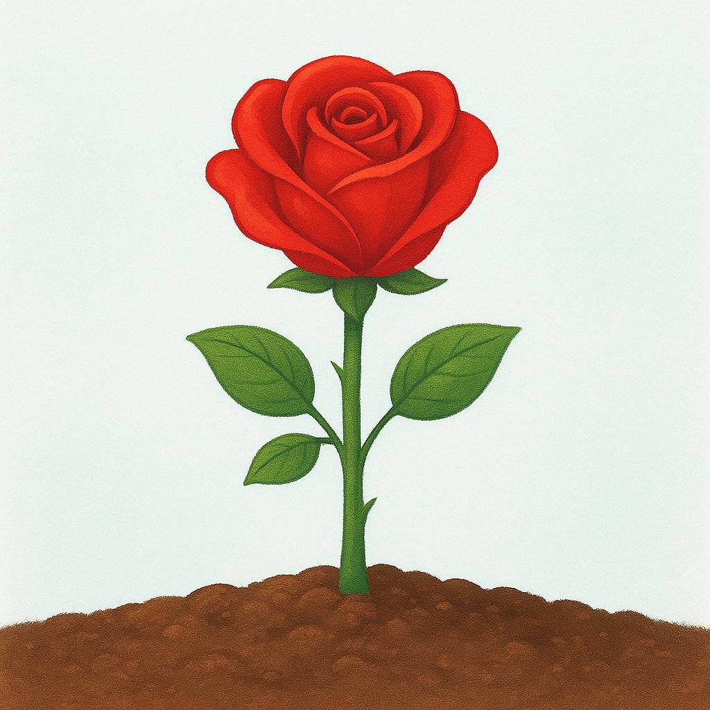 A single, vibrant red rose perfectly blooming on a green stem in rich brown soil, symbolizing a successful result.
