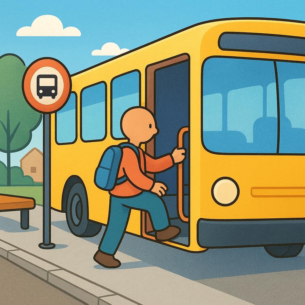 A simplified illustration showing a person stepping onto the entrance stairs of a large yellow bus at a bus stop.