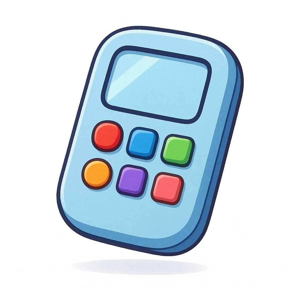 A vibrant, handheld electronic gadget featuring a large circular button and a small screen, designed in a simple, storybook style.