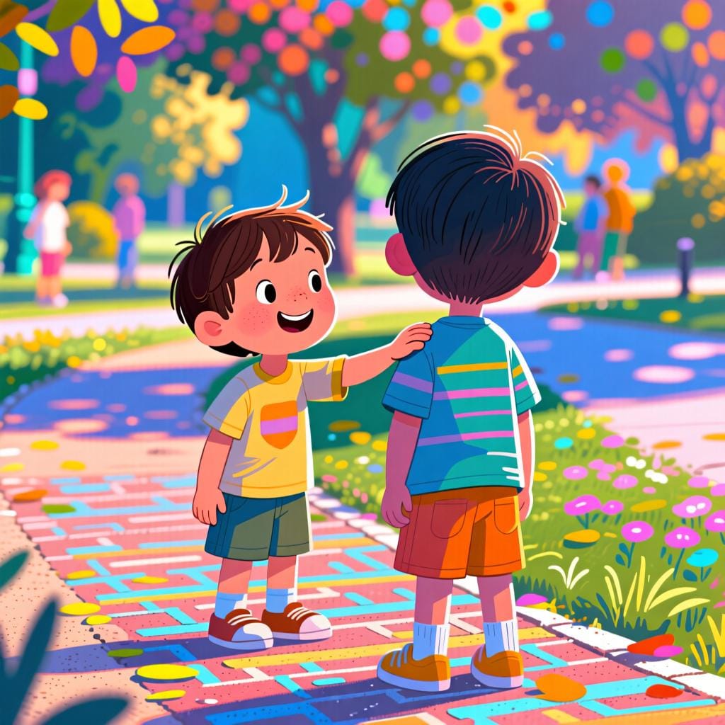 A friendly child gently tapping the shoulder of a friend who is looking away, illustrating the use of 'hey' to get someone's attention.