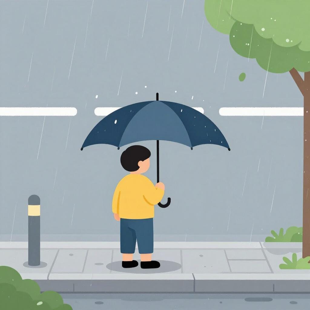 A person standing in the rain holding an umbrella that has been blown inside out by the wind.