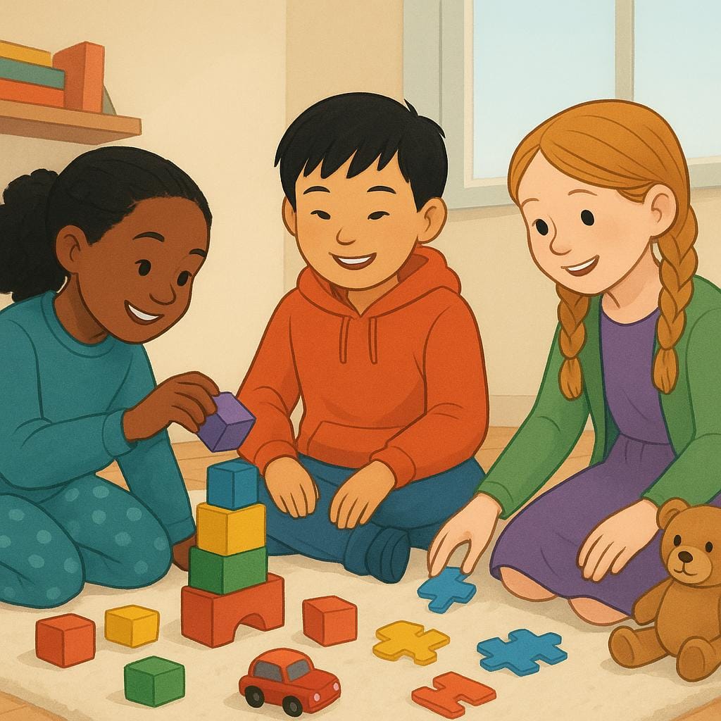 A group of three diverse children, approximately 8 to 10 years old, sitting on the floor playing with colorful building blocks.