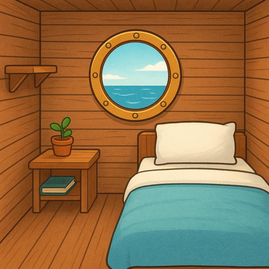 A small, cozy ship cabin compartment featuring a circular porthole looking out onto the ocean, and a neatly made bunk bed.