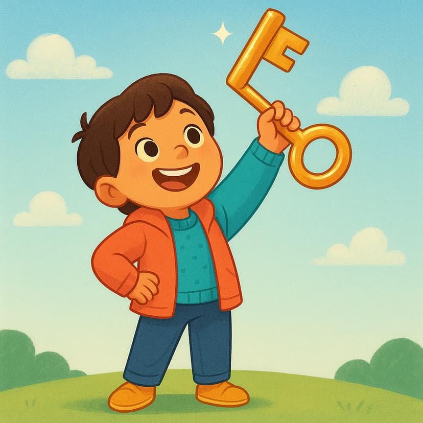 A smiling young person holding a large, shiny golden key, symbolizing future possession or opportunity.