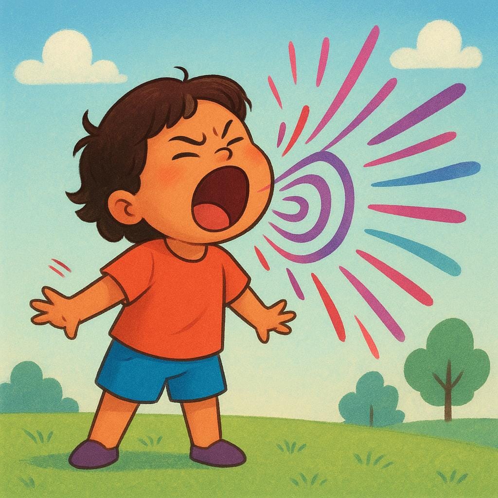 A colorful storybook illustration of a young child standing outside, mouth wide open, emitting large, visible sound wave lines to symbolize a loud yell.