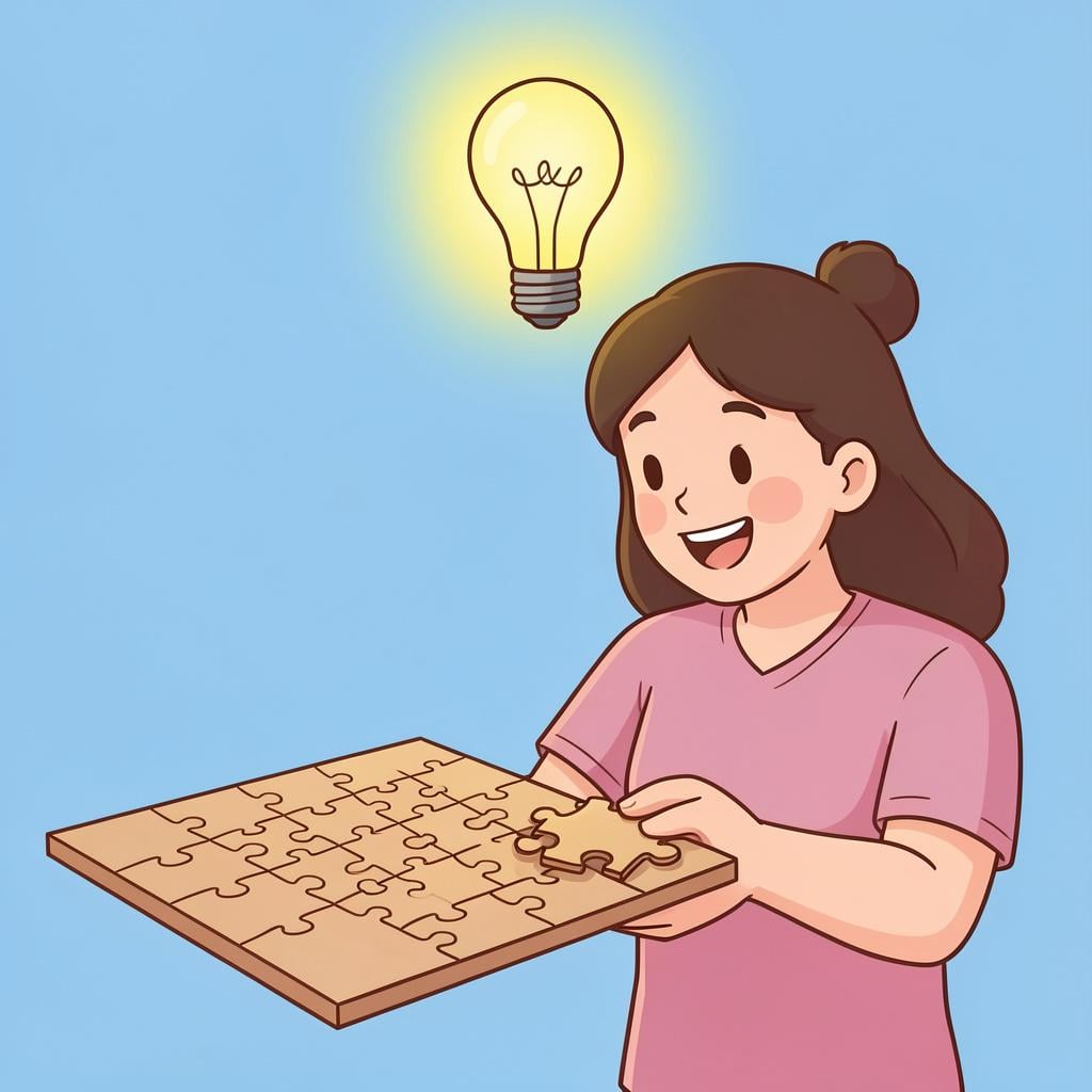 A person with a glowing lightbulb appearing above their head as they look at a complex puzzle piece fitting perfectly into a gap.
