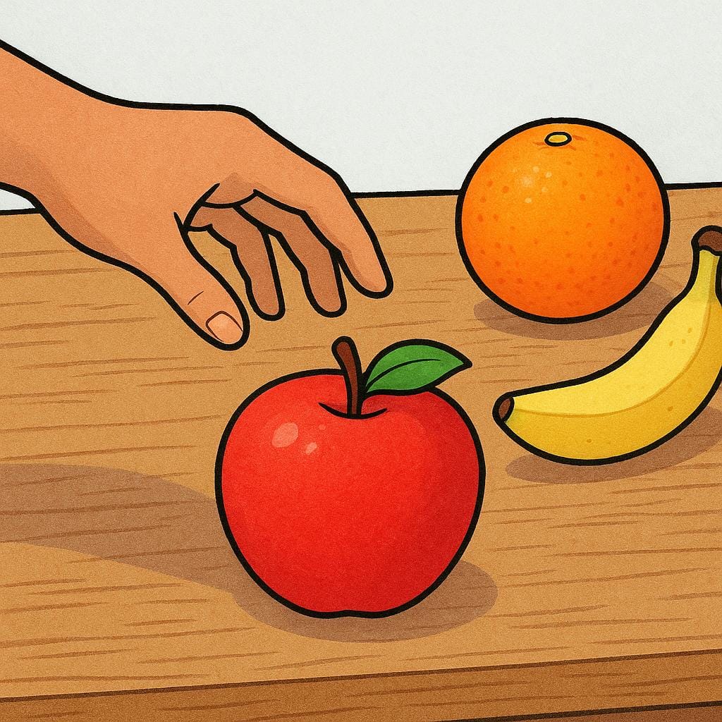 Een cartoonhand die een enkele felrode appel selecteert uit een groep van drie vruchten (appel, sinaasappel, banaan) op een houten tafel, wat een keuze symboliseert.
