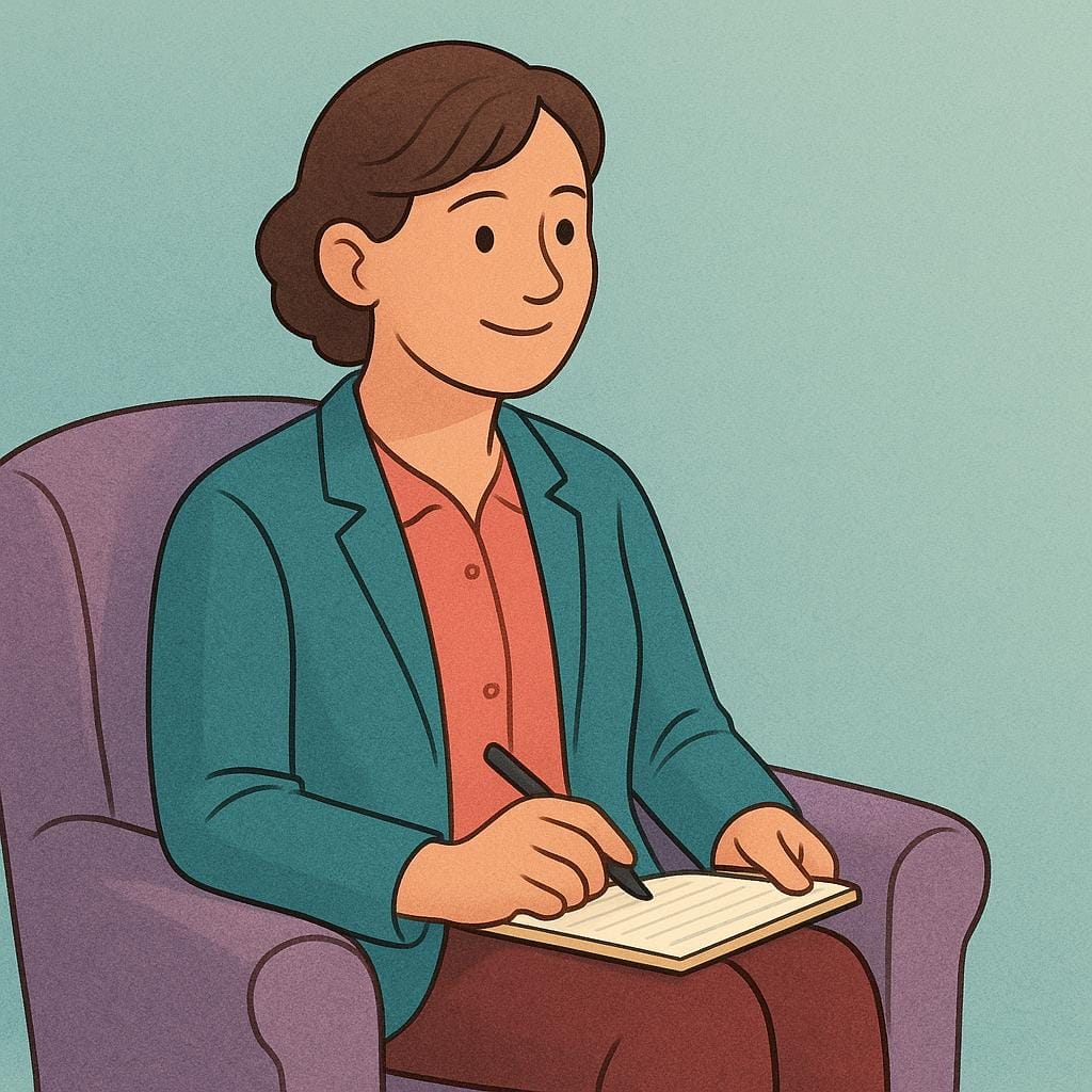 A drawing of a friendly professional, likely a therapist, sitting in a comfortable chair with a notepad on their lap, listening intently.
