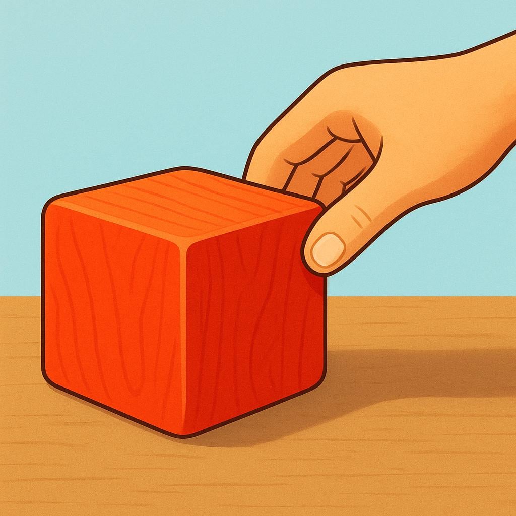 A cartoon hand is shown actively turning over a large, brightly colored square red wooden block on a blue surface.