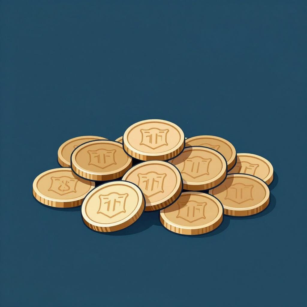 Une pile de pièces d'or et d'argent brillantes avec un blason décoratif.