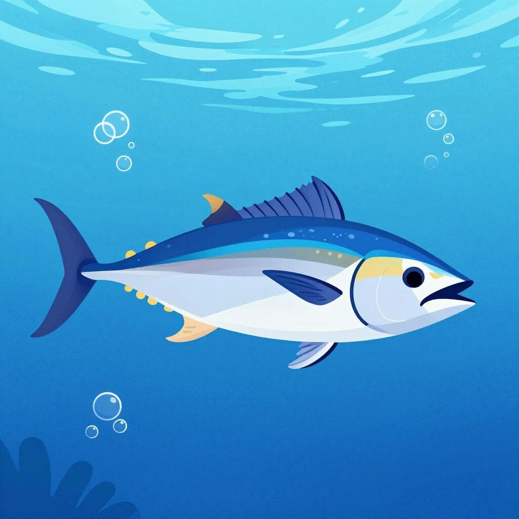 A large, sleek blue and silver tuna fish swimming in the deep blue ocean.