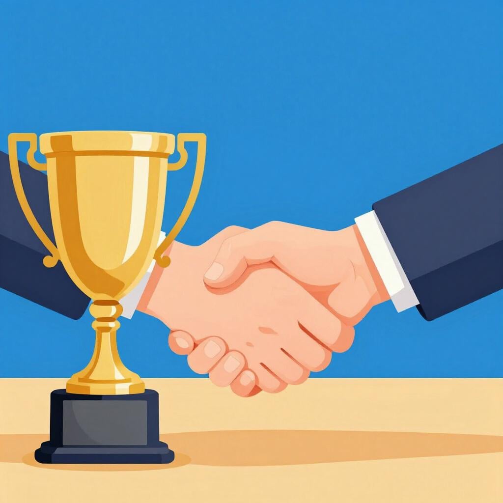 A gold trophy standing next to a handshake between two people.