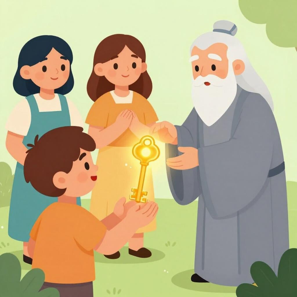 賢明な指導者役の人物から輝く金の鍵を渡されている人。