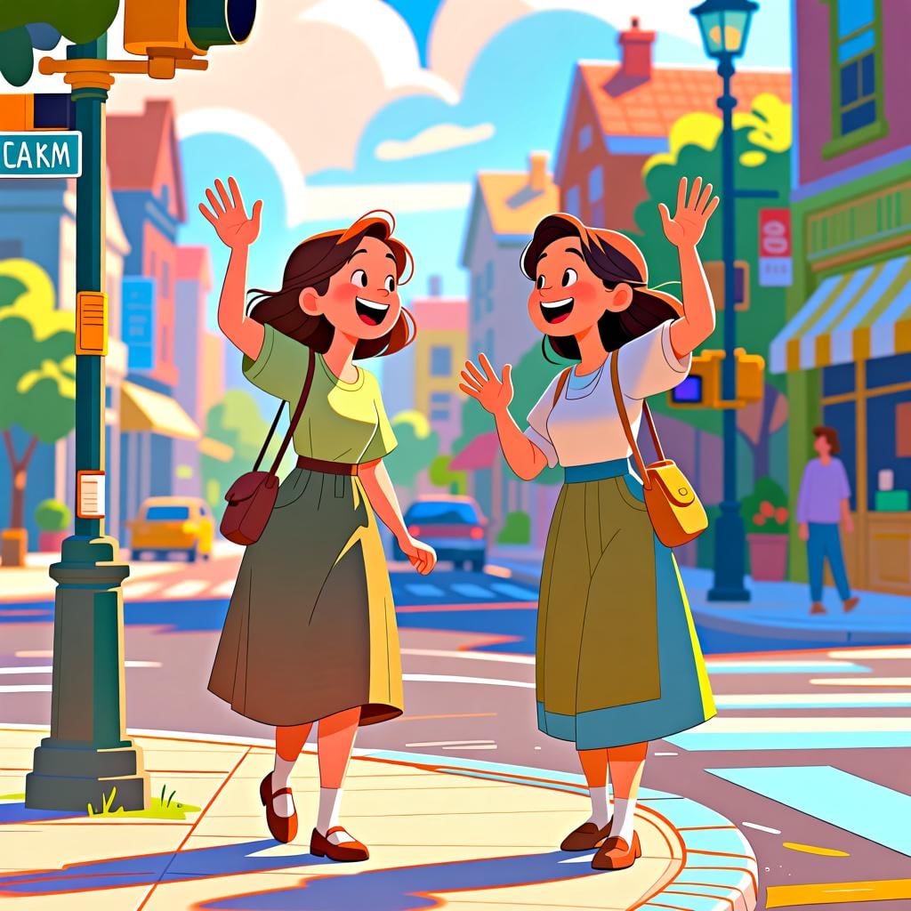 Two women greeting each other warmly on a sunny street, one saying 'Buenas'.
