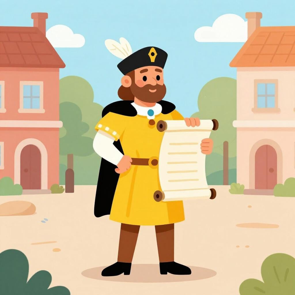 A royal herald in colorful clothing standing in a town square holding a long decorative scroll.