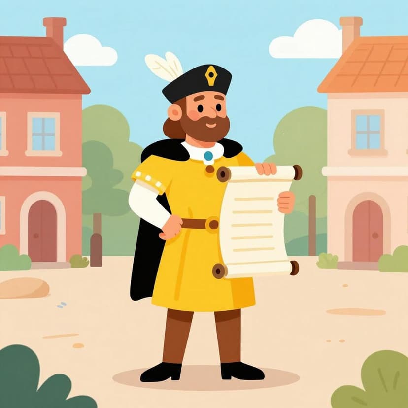 A royal herald in colorful clothing standing in a town square holding a long decorative scroll.