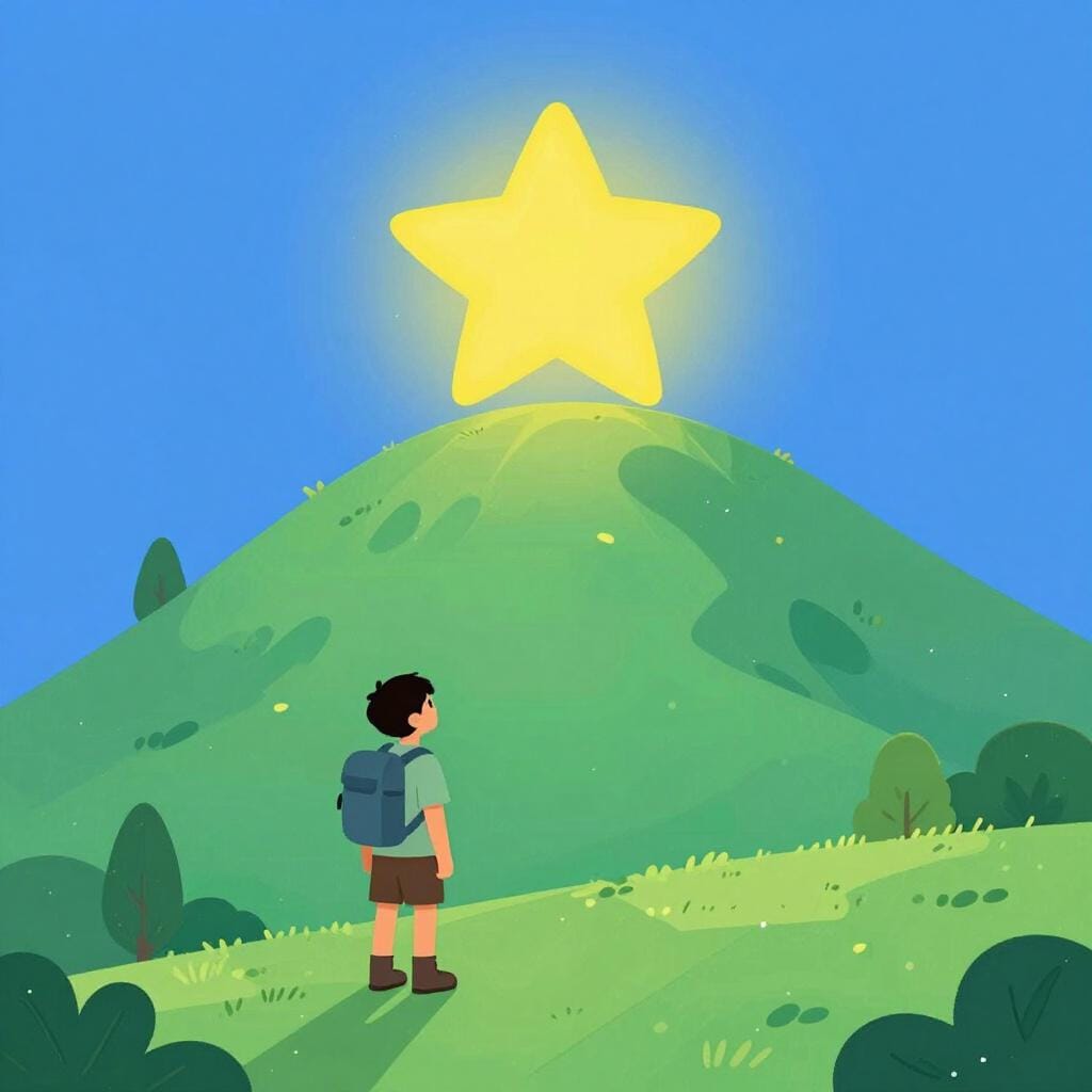 A hiker looking up at a bright yellow star at the top of a green mountain peak.