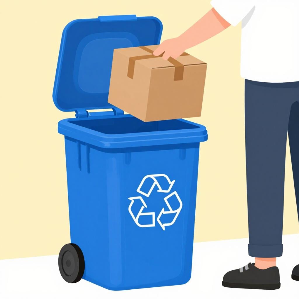 A person placing an old cardboard box into a large recycling bin.