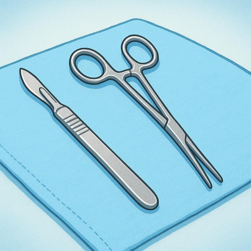 Une vue rapprochée de deux instruments chirurgicaux argentés et brillants, un scalpel et une pince, posés côte à côte sur un tissu stérile bleu clair.