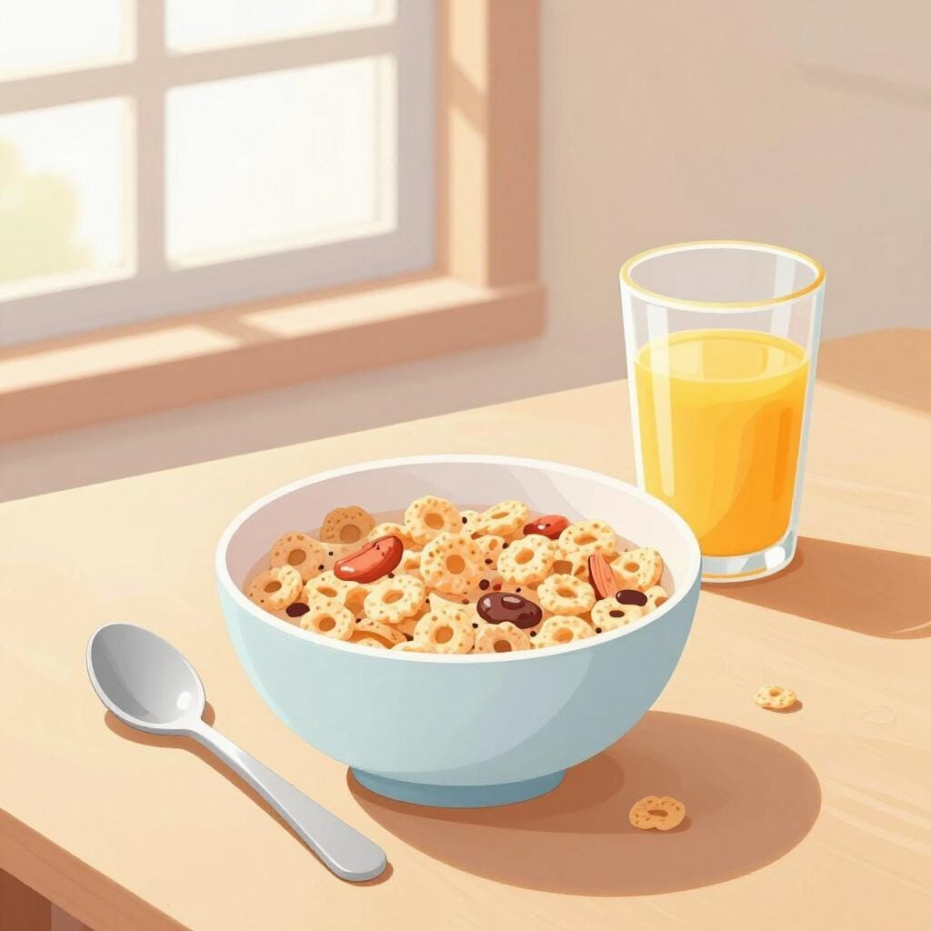 A bowl of cereal and a glass of orange juice on a wooden table, illuminated by morning sunlight.