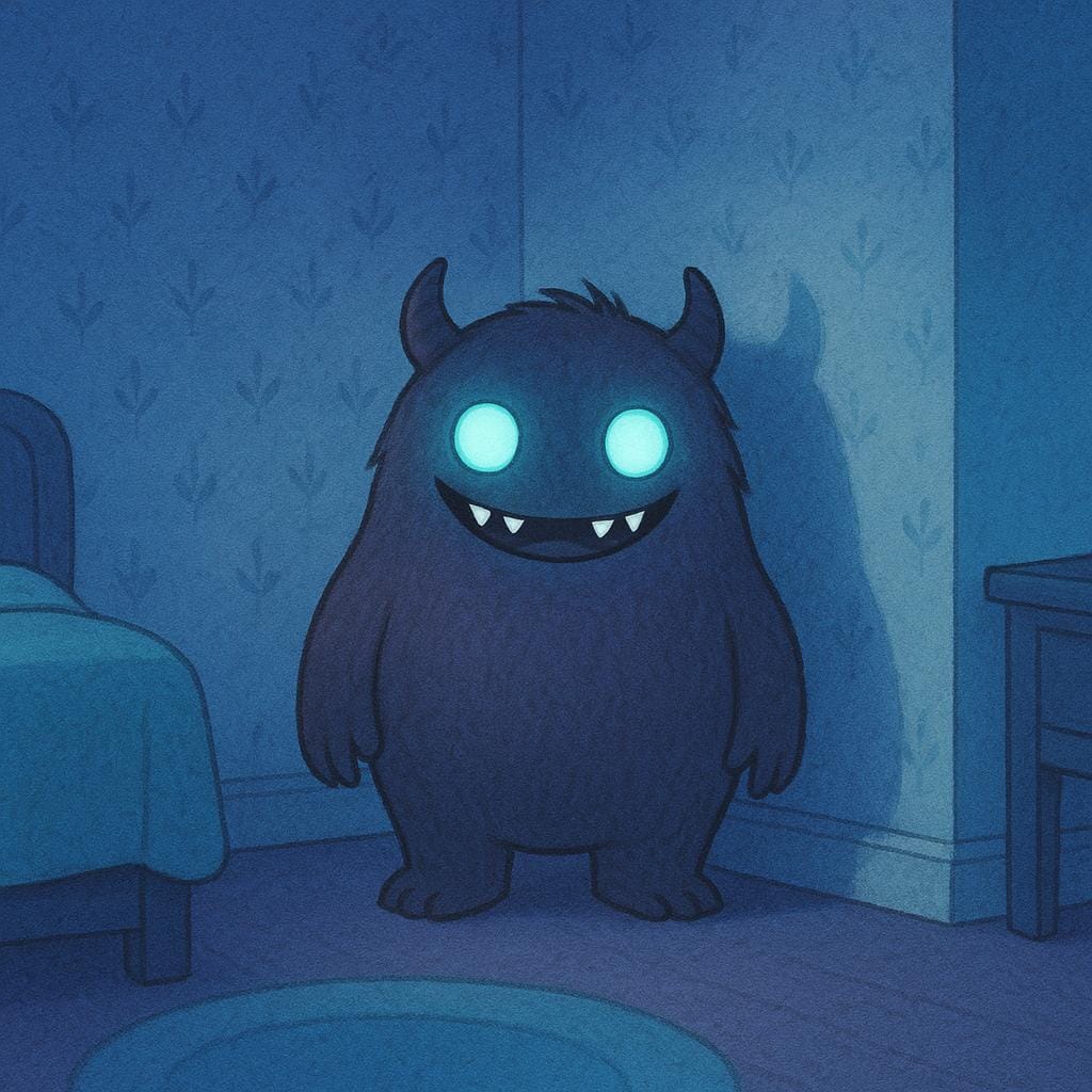 A stylized, slightly scary shadowy monster with large eyes and minimal features, representing the bogeyman.