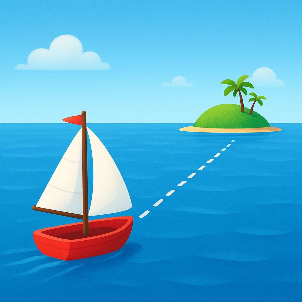 A small red sailboat follows a visible dashed line across the ocean directly toward a distant green island, symbolizing its nautical course.
